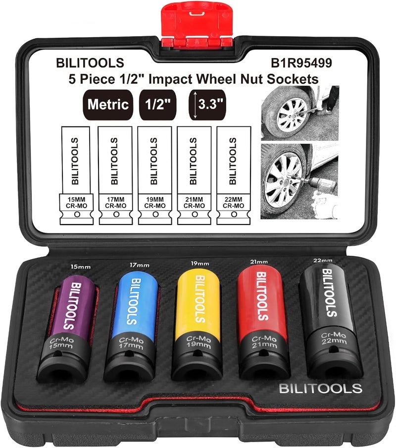 BILITOOLS 1/2 inch Drive Impact Lug Nut Socket Set, 15 17 19 21 22 MM Non-Marring Thin Wall Wheel Protector Nut Socket - Image 1